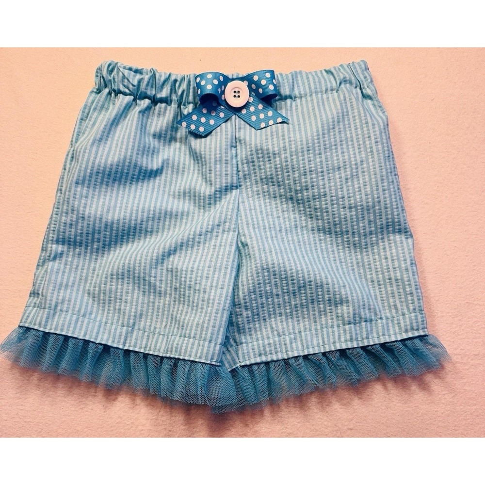 Handmade Blue Shorts With Ruffles Adorable Ribbon, Bow Button Size 3  Handmade‎